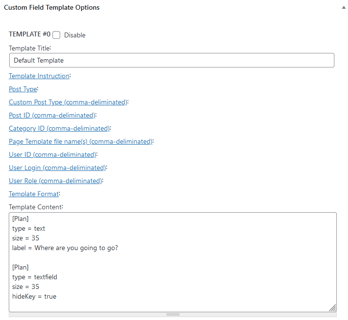 Custom Field Template Options